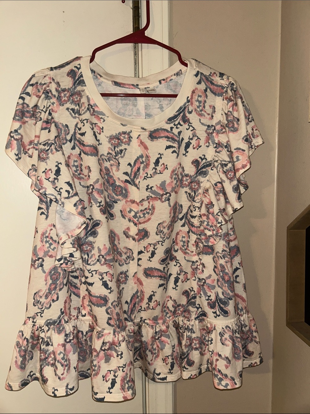 Cato Cream Floral Ruffle-Sleeve Tunic with Pink and Navy Accents
